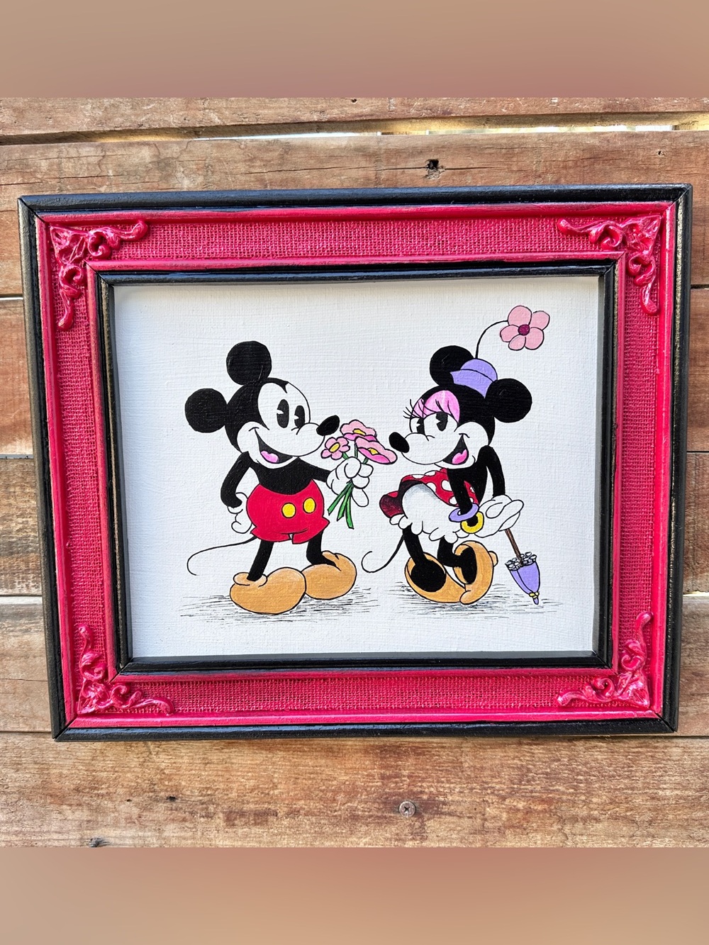 Mickey Gives Minnie Mouse Pink Flowers, Red Frame Acrylic Painting on Canvas